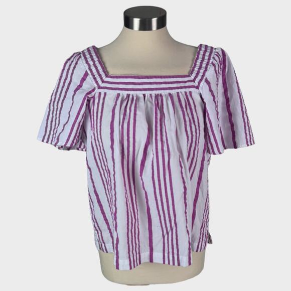LOFT Petites Medium Petite Square Neck Short Sleeve Piink White Stripe Shirt - Picture 1 of 5